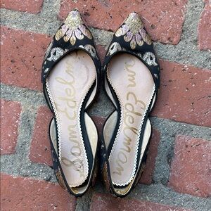 Sam Edelman Black and Gold Floral Flats